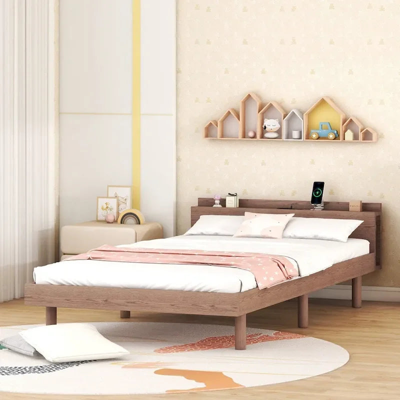 Estructura de cama plataforma individual de nogal/blanco envejecido/gris con puerto USB, para 1