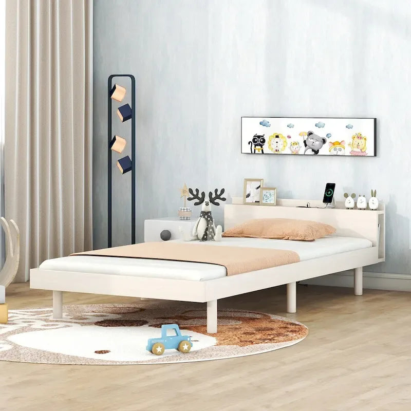 Estructura de cama plataforma individual de nogal/blanco envejecido/gris con puerto USB, para 1
