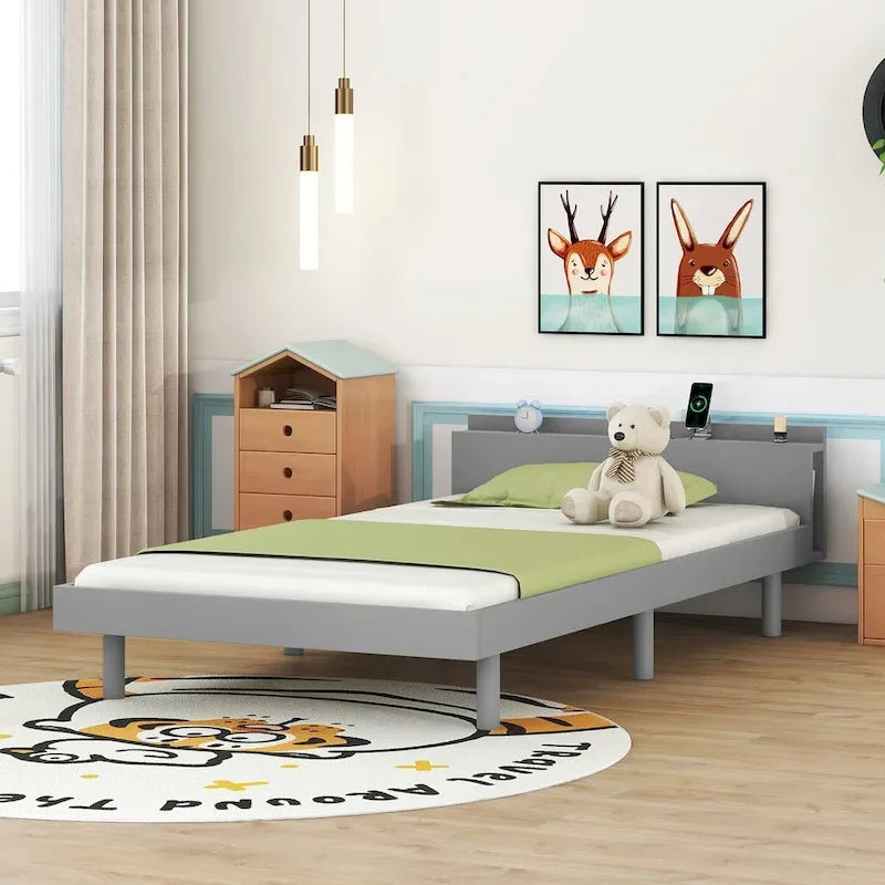 Estructura de cama plataforma individual de nogal/blanco envejecido/gris con puerto USB, para 1