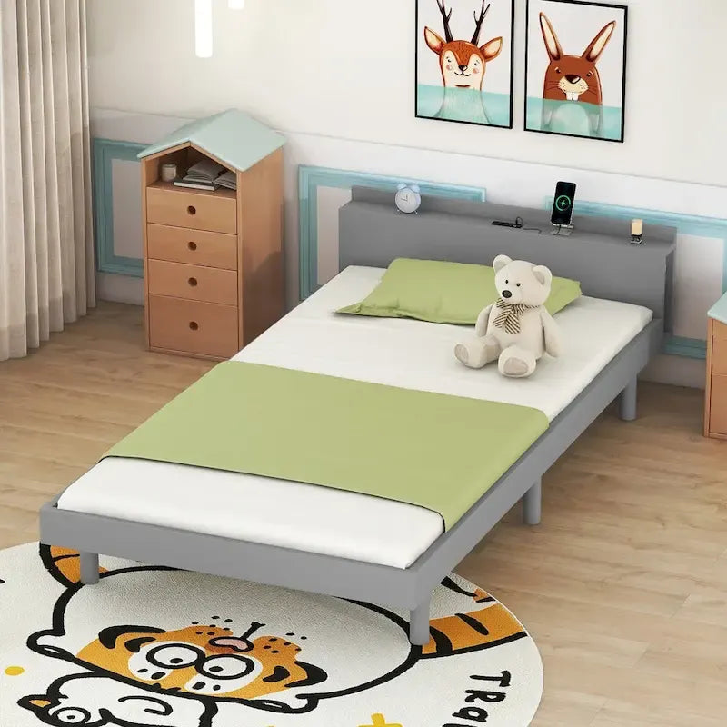 Estructura de cama plataforma individual de nogal/blanco envejecido/gris con puerto USB, para 1
