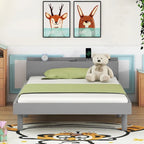 Estructura de cama plataforma individual de nogal/blanco envejecido/gris con puerto USB, para 1