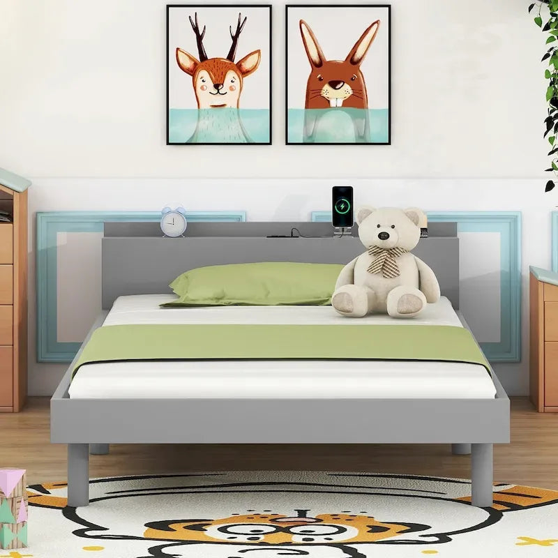 Estructura de cama plataforma individual de nogal/blanco envejecido/gris con puerto USB, para 1