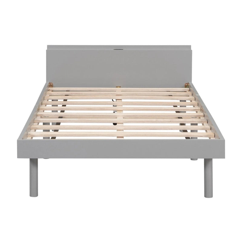 Estructura de cama plataforma individual de nogal/blanco envejecido/gris con puerto USB, para 1