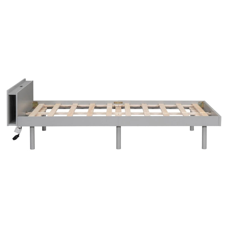 Estructura de cama plataforma individual de nogal/blanco envejecido/gris con puerto USB, para 1