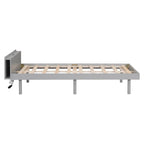 Estructura de cama plataforma individual de nogal/blanco envejecido/gris con puerto USB, para 1