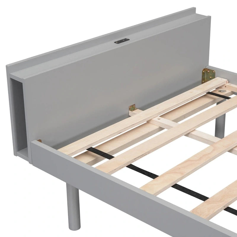 Estructura de cama plataforma individual de nogal/blanco envejecido/gris con puerto USB, para 1