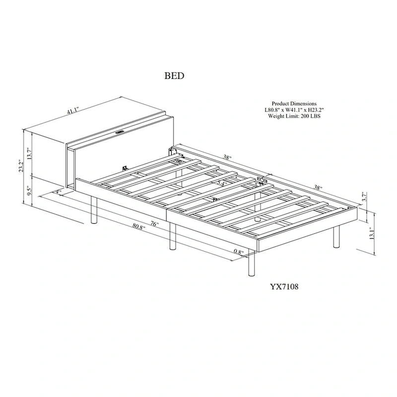 Estructura de cama plataforma individual de nogal/blanco envejecido/gris con puerto USB, para 1