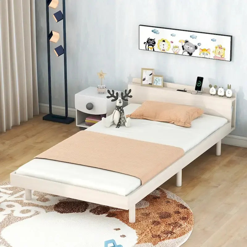 Estructura de cama plataforma individual de nogal/blanco envejecido/gris con puerto USB, para 1