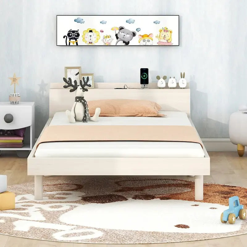 Estructura de cama plataforma individual de nogal/blanco envejecido/gris con puerto USB, para 1