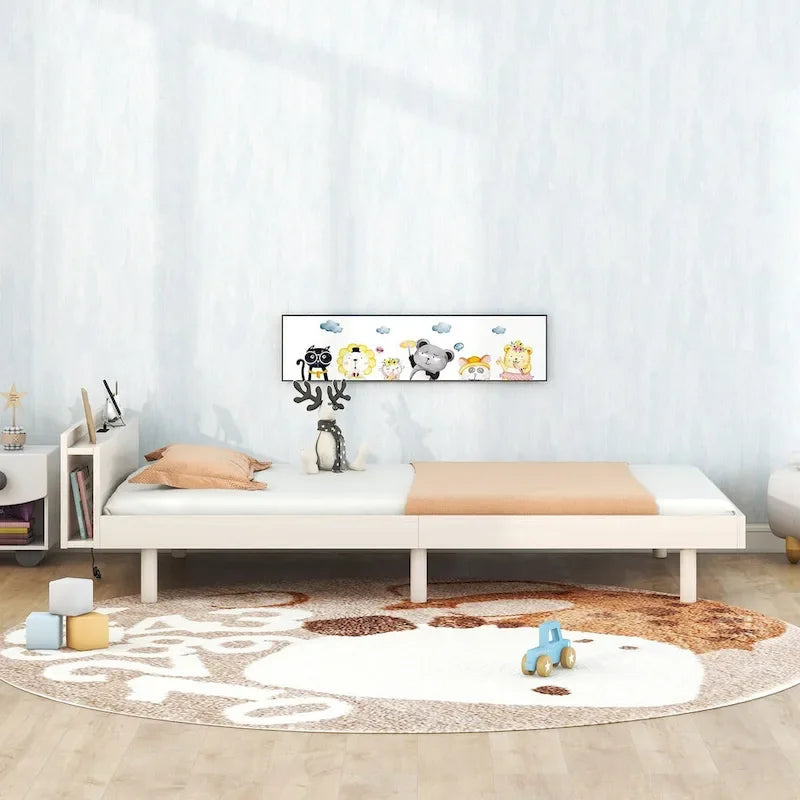 Estructura de cama plataforma individual de nogal/blanco envejecido/gris con puerto USB, para 1