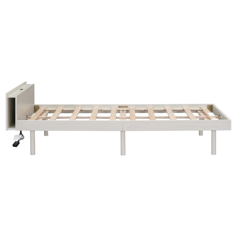 Estructura de cama plataforma individual de nogal/blanco envejecido/gris con puerto USB, para 1