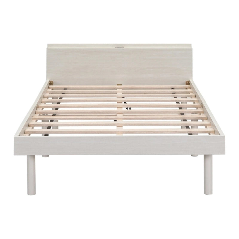 Estructura de cama plataforma individual de nogal/blanco envejecido/gris con puerto USB, para 1