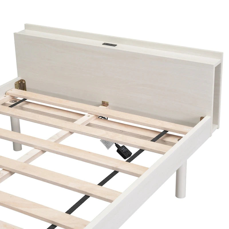 Estructura de cama plataforma individual de nogal/blanco envejecido/gris con puerto USB, para 1