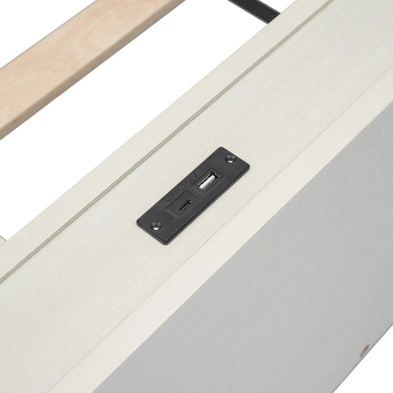 Estructura de cama plataforma individual de nogal/blanco envejecido/gris con puerto USB, para 1