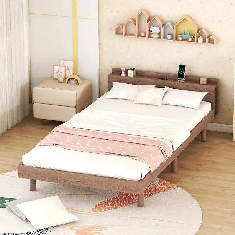 Estructura de cama plataforma individual de nogal/blanco envejecido/gris con puerto USB, para 1