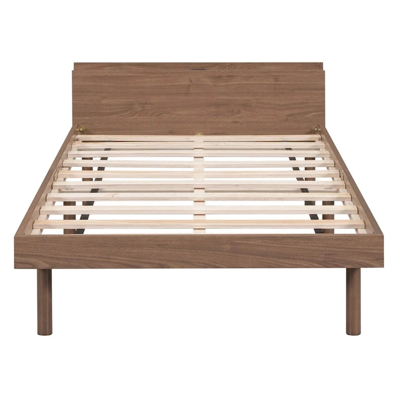 Estructura de cama plataforma individual de nogal/blanco envejecido/gris con puerto USB, para 1