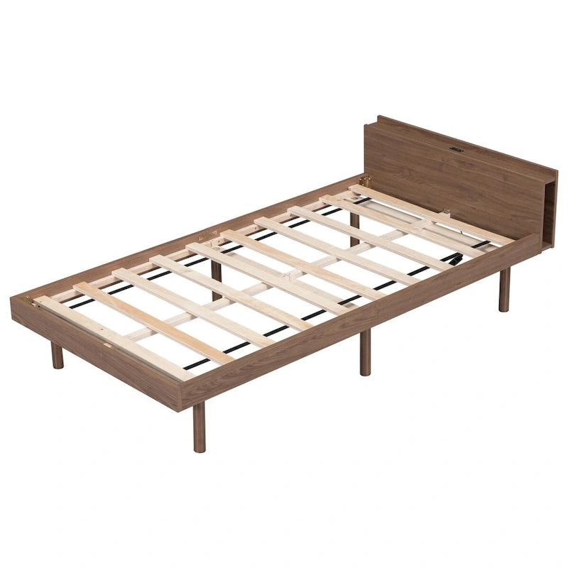 Estructura de cama plataforma individual de nogal/blanco envejecido/gris con puerto USB, para 1