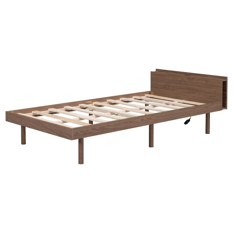 Estructura de cama plataforma individual de nogal/blanco envejecido/gris con puerto USB, para 1