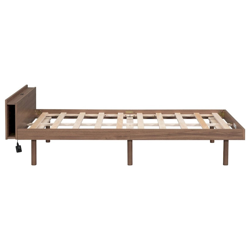 Estructura de cama plataforma individual de nogal/blanco envejecido/gris con puerto USB, para 1