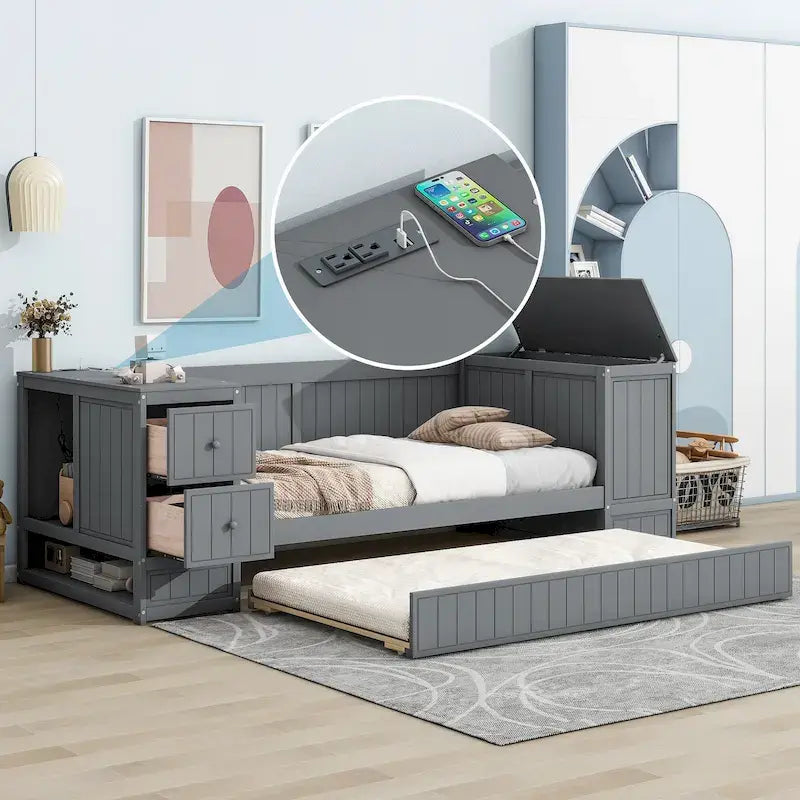 Cama nido doble gris/blanca con brazos de almacenamiento y cama extraíble, capacidad para 2 personas