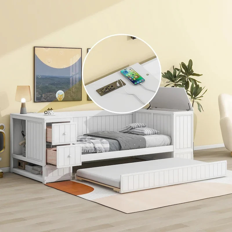 Cama nido doble gris/blanca con brazos de almacenamiento y cama extraíble, capacidad para 2 personas