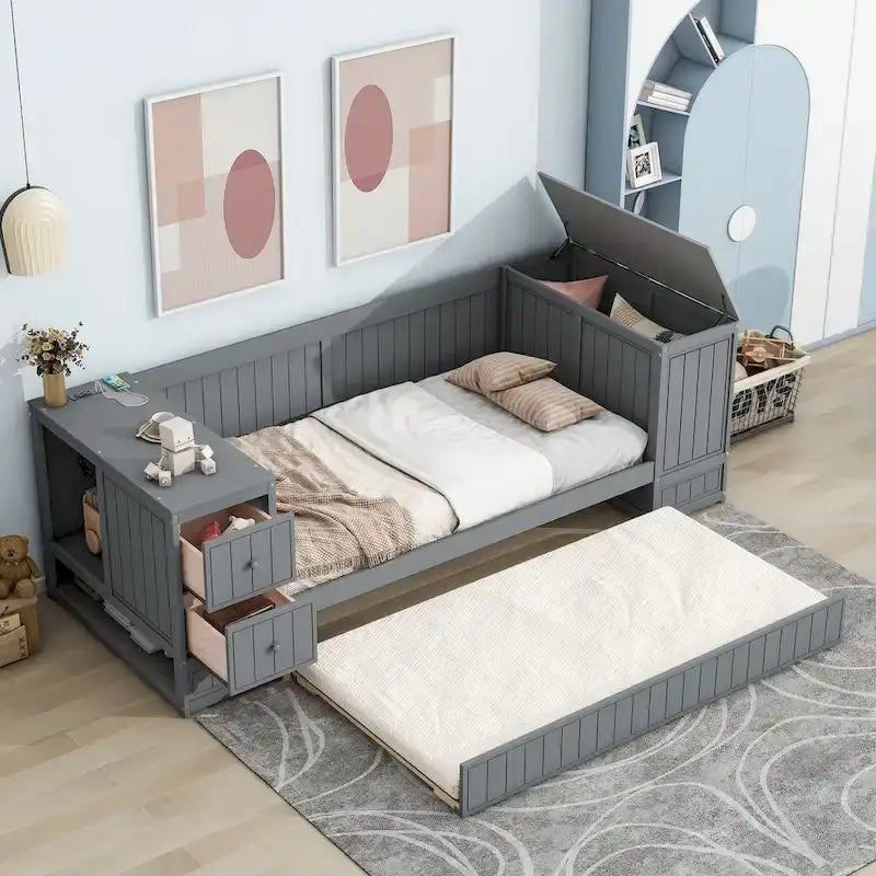 Cama nido doble gris/blanca con brazos de almacenamiento y cama extraíble, capacidad para 2 personas