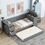 Cama nido doble gris/blanca con brazos de almacenamiento y cama extraíble, capacidad para 2 personas