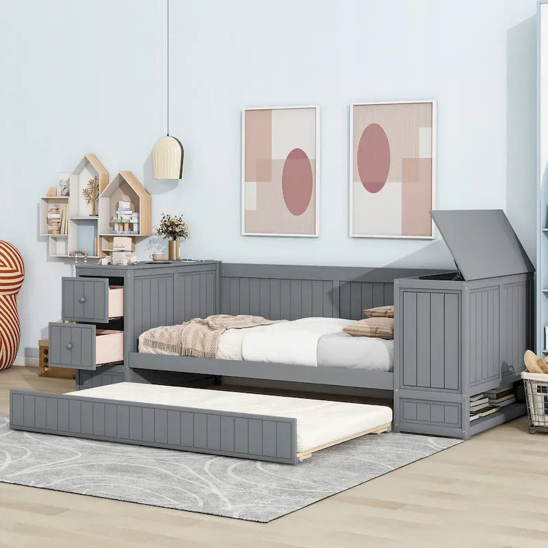 Cama nido doble gris/blanca con brazos de almacenamiento y cama extraíble, capacidad para 2 personas