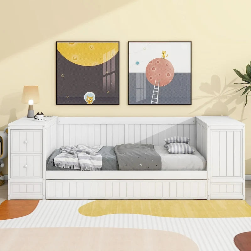 Cama nido doble gris/blanca con brazos de almacenamiento y cama extraíble, capacidad para 2 personas