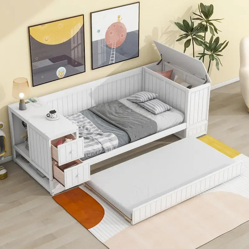 Cama nido doble gris/blanca con brazos de almacenamiento y cama extraíble, capacidad para 2 personas