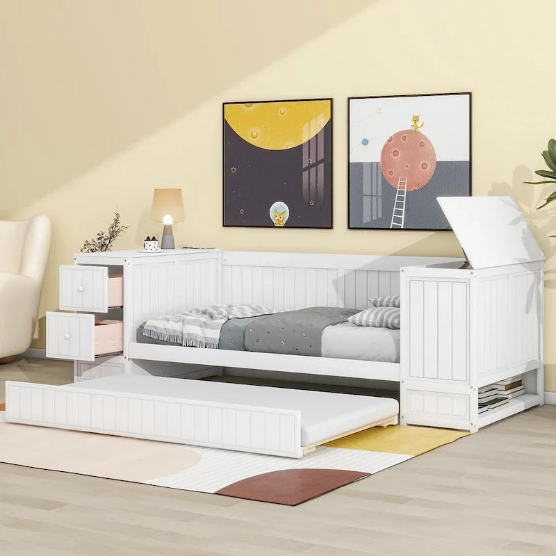 Cama nido doble gris/blanca con brazos de almacenamiento y cama extraíble, capacidad para 2 personas