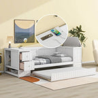 Cama nido doble gris/blanca con brazos de almacenamiento y cama extraíble, capacidad para 2 personas