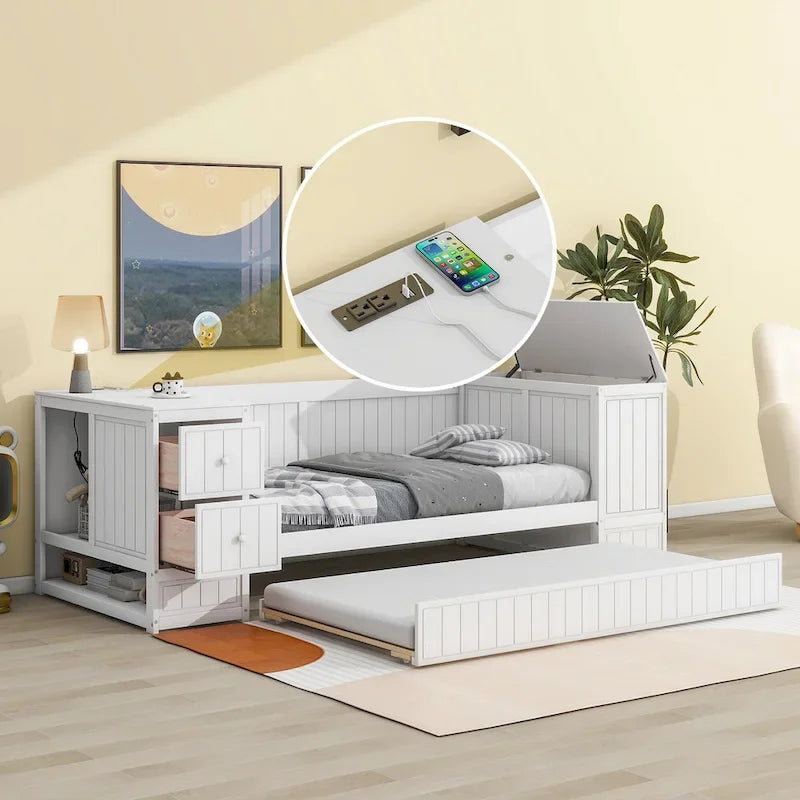 Cama nido doble gris/blanca con brazos de almacenamiento y cama extraíble, capacidad para 2 personas