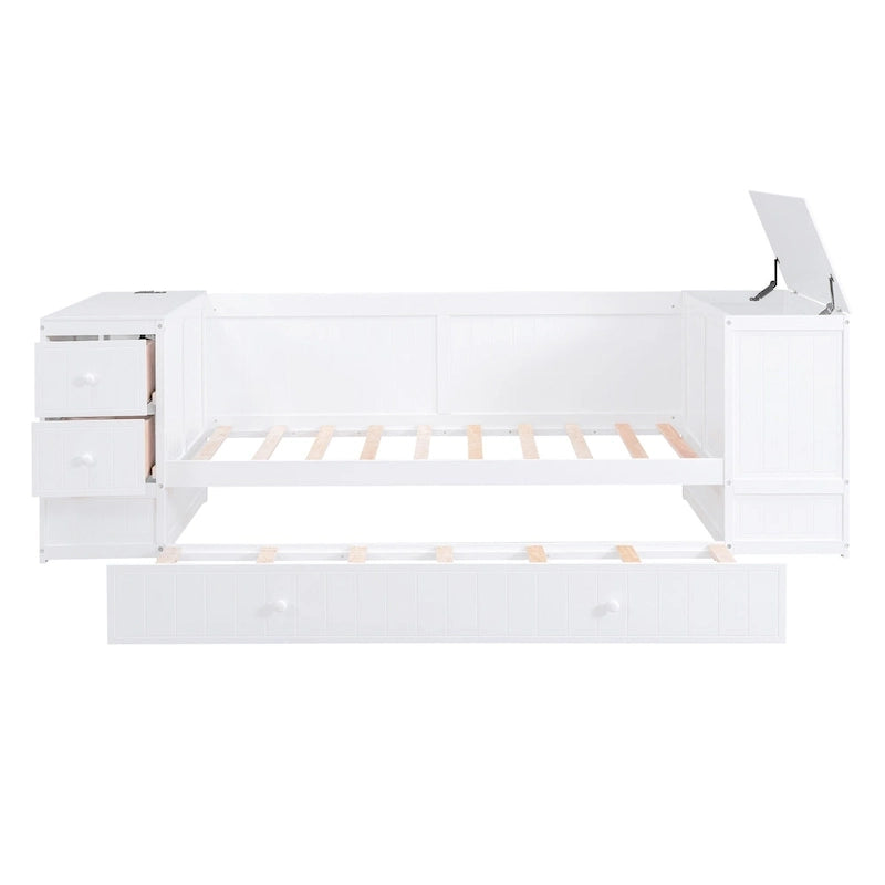 Cama nido doble gris/blanca con brazos de almacenamiento y cama extraíble, capacidad para 2 personas