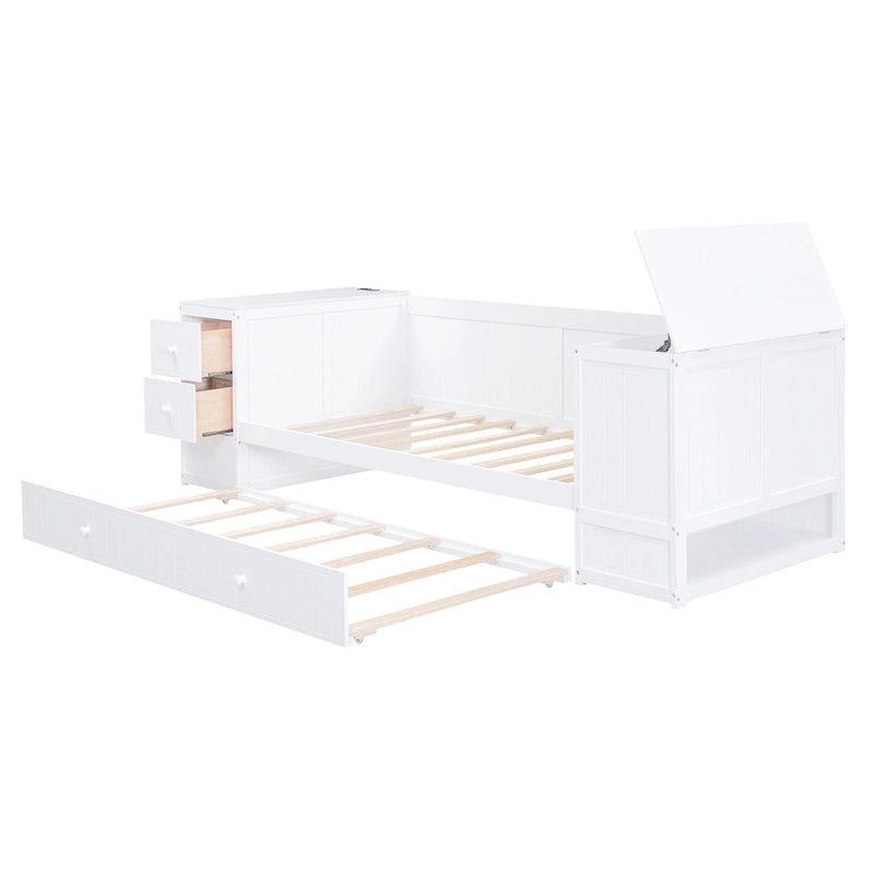 Cama nido doble gris/blanca con brazos de almacenamiento y cama extraíble, capacidad para 2 personas