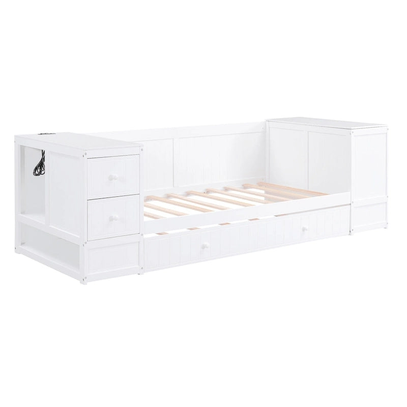 Cama nido doble gris/blanca con brazos de almacenamiento y cama extraíble, capacidad para 2 personas
