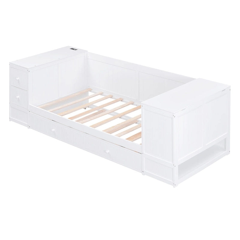Cama nido doble gris/blanca con brazos de almacenamiento y cama extraíble, capacidad para 2 personas