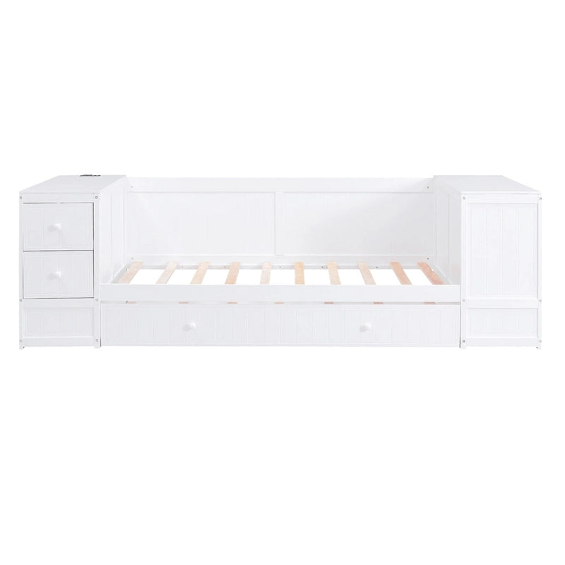 Cama nido doble gris/blanca con brazos de almacenamiento y cama extraíble, capacidad para 2 personas