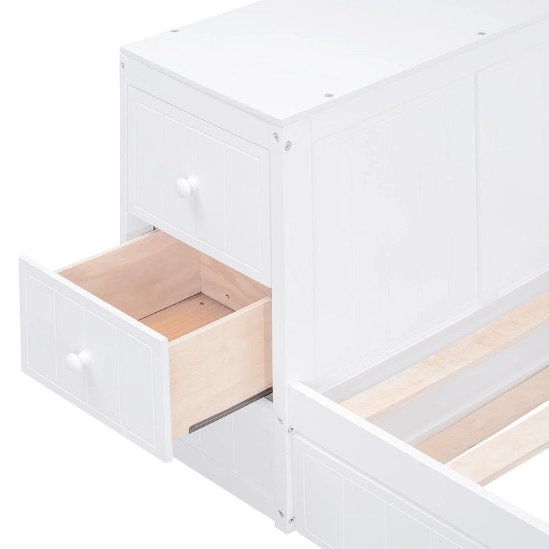 Cama nido doble gris/blanca con brazos de almacenamiento y cama extraíble, capacidad para 2 personas