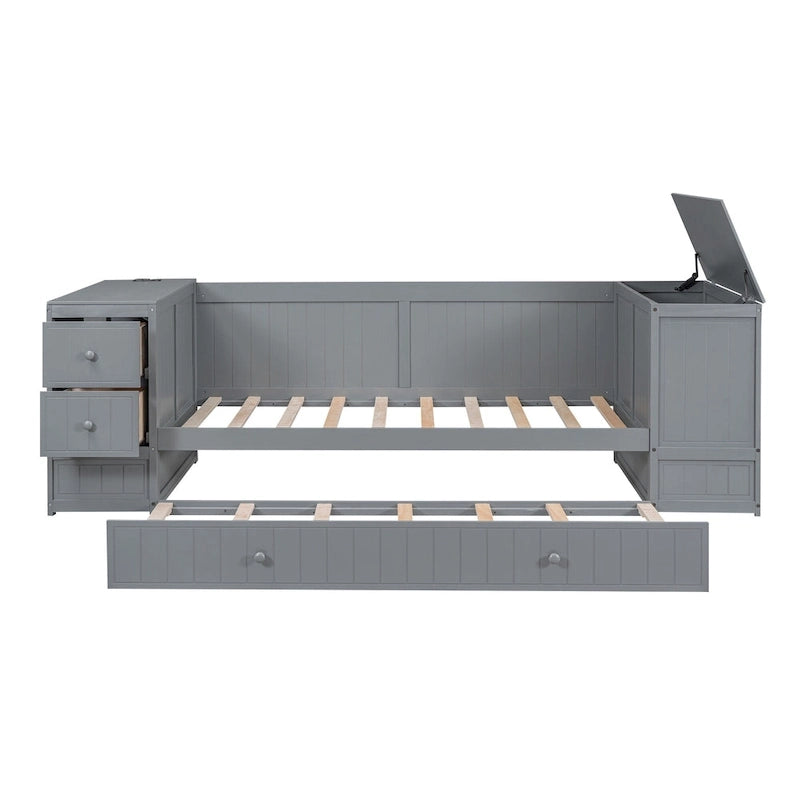 Cama nido doble gris/blanca con brazos de almacenamiento y cama extraíble, capacidad para 2 personas