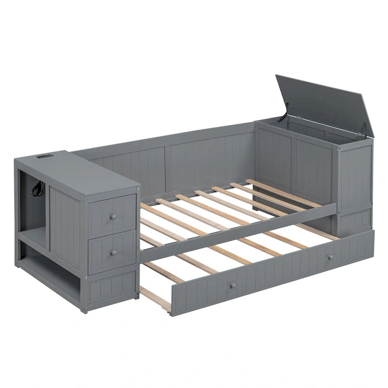 Cama nido doble gris/blanca con brazos de almacenamiento y cama extraíble, capacidad para 2 personas