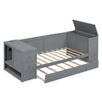 Cama nido doble gris/blanca con brazos de almacenamiento y cama extraíble, capacidad para 2 personas