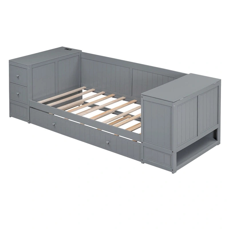 Cama nido doble gris/blanca con brazos de almacenamiento y cama extraíble, capacidad para 2 personas