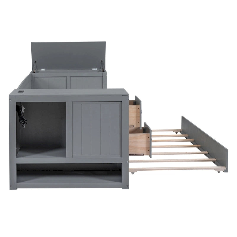 Cama nido doble gris/blanca con brazos de almacenamiento y cama extraíble, capacidad para 2 personas