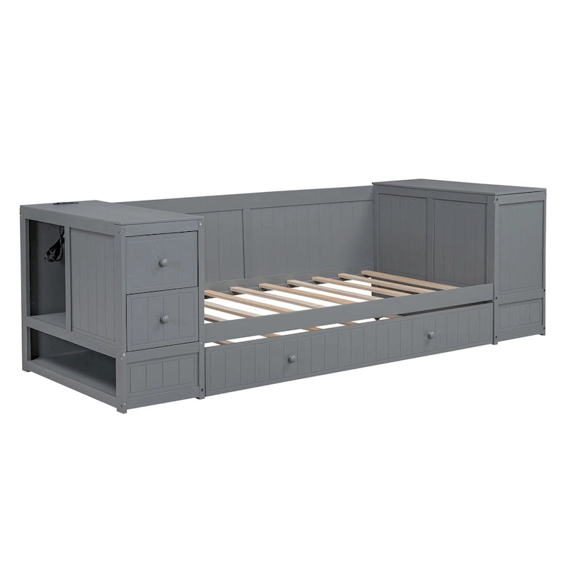 Cama nido doble gris/blanca con brazos de almacenamiento y cama extraíble, capacidad para 2 personas