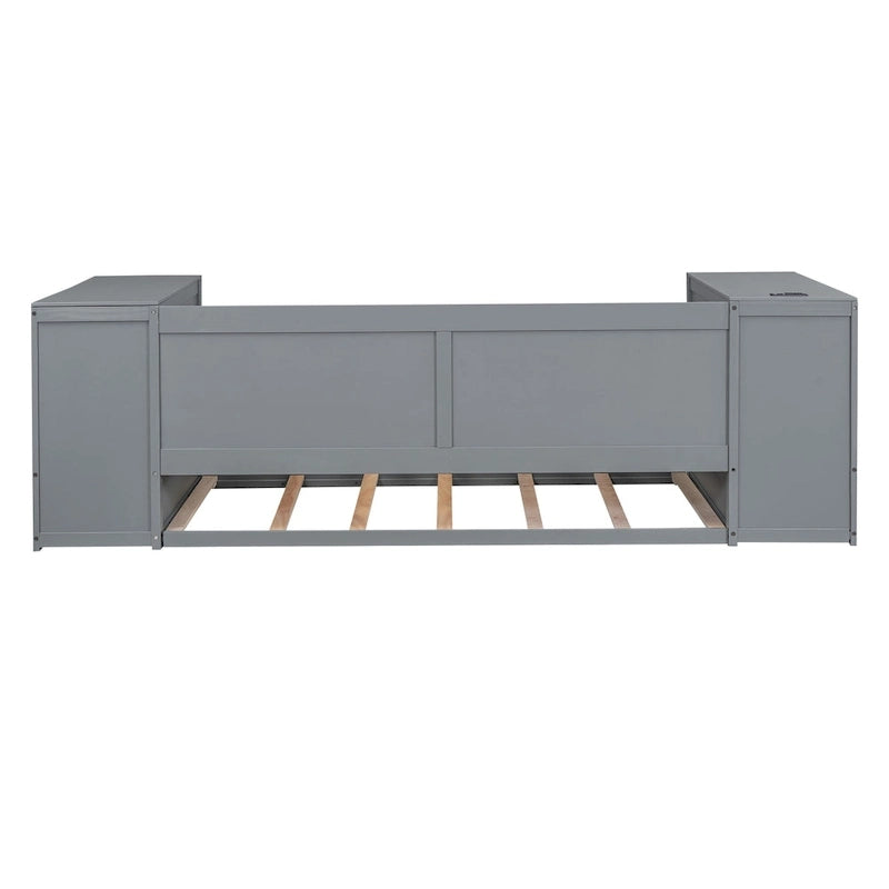 Cama nido doble gris/blanca con brazos de almacenamiento y cama extraíble, capacidad para 2 personas