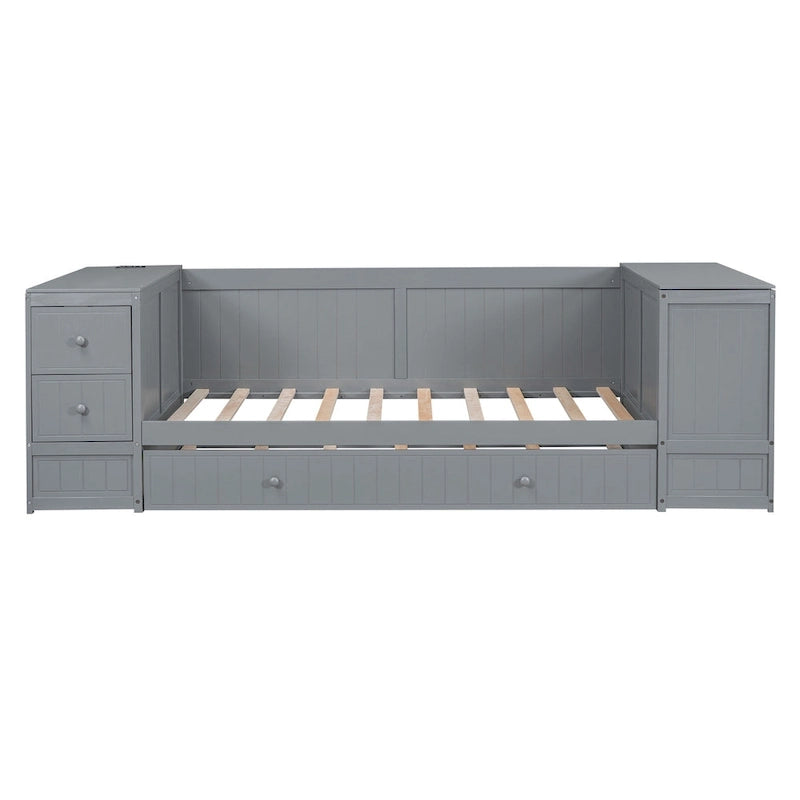 Cama nido doble gris/blanca con brazos de almacenamiento y cama extraíble, capacidad para 2 personas