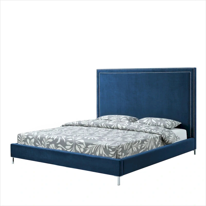 Cama King de Terciopelo Azul Marino con Ribete de Tachuelas – Capacidad para 1-2