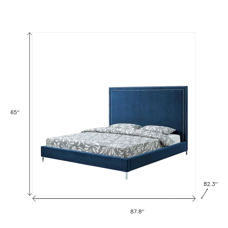 Cama King de Terciopelo Azul Marino con Ribete de Tachuelas – Capacidad para 1-2
