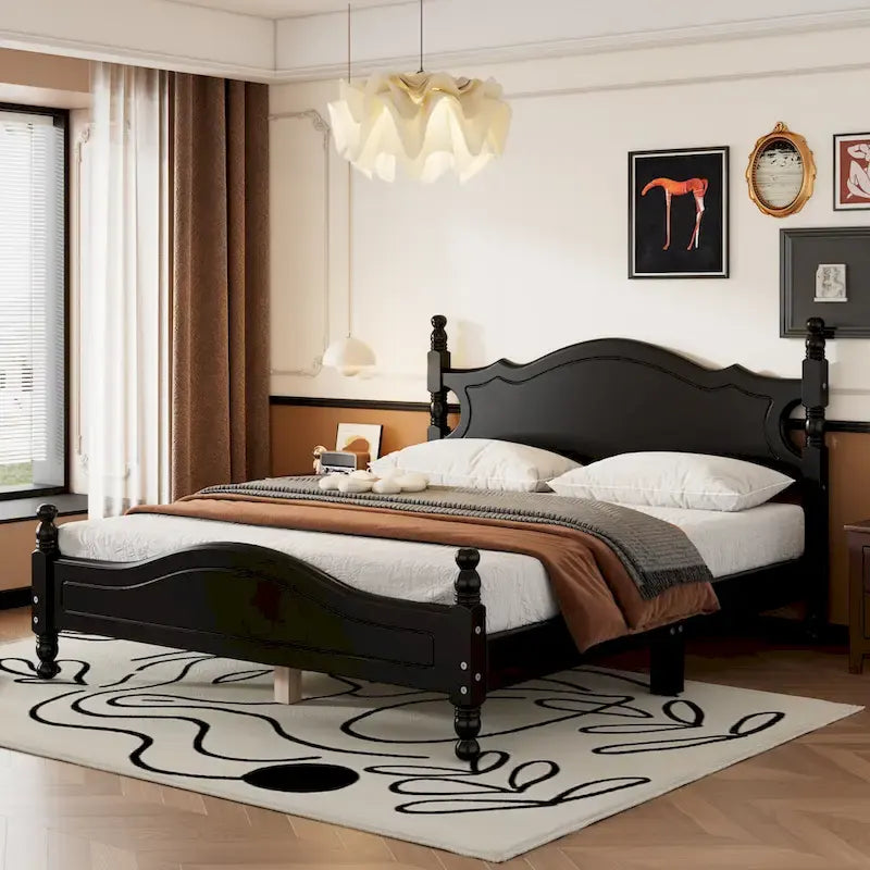Estructura de cama de plataforma retro de madera blanca/negra - Matrimonial y Queen, 1 persona / 2 personas